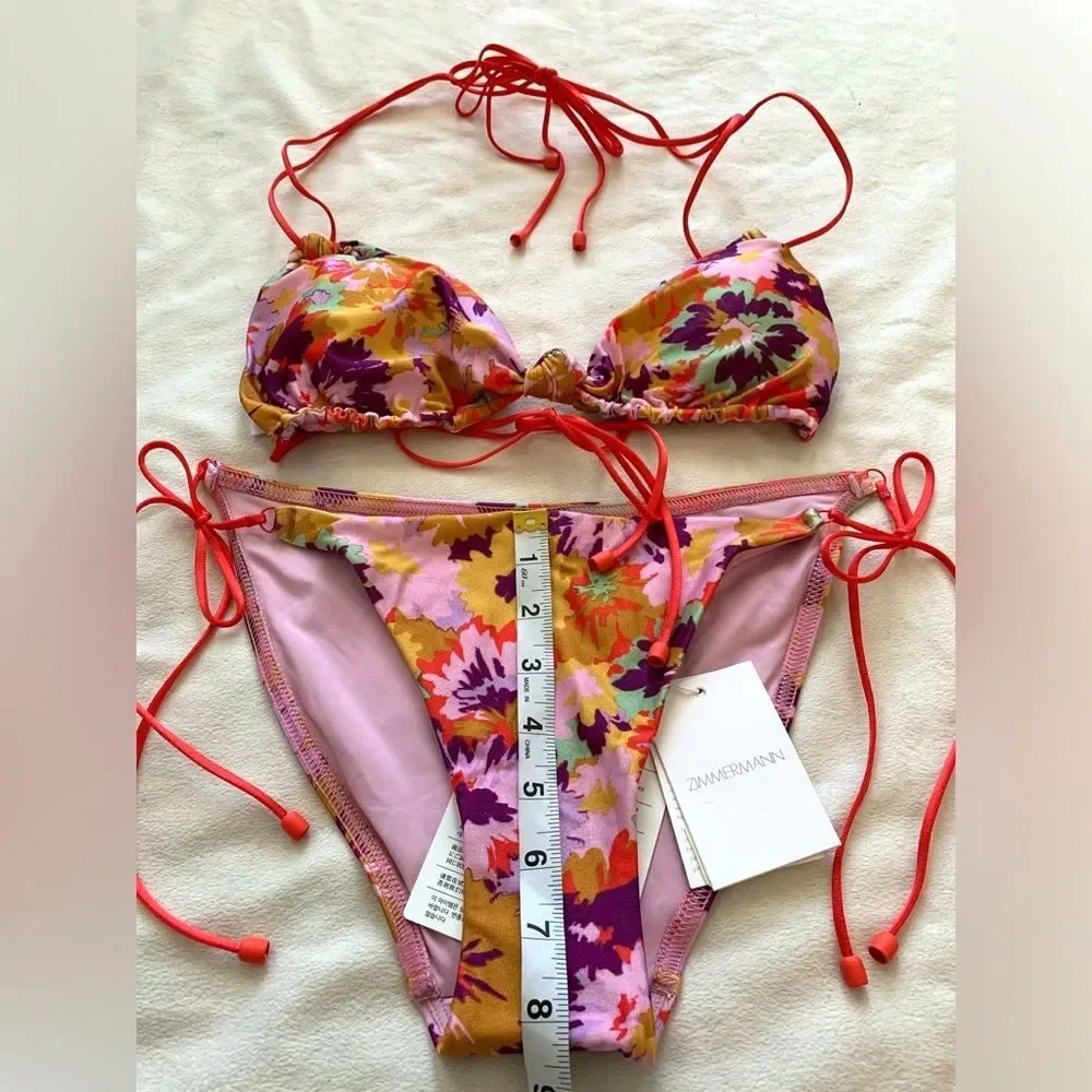 Zimmermann Floral Knotted Violet Triangle Bikini Set Size US 8-10 Boho Coquette